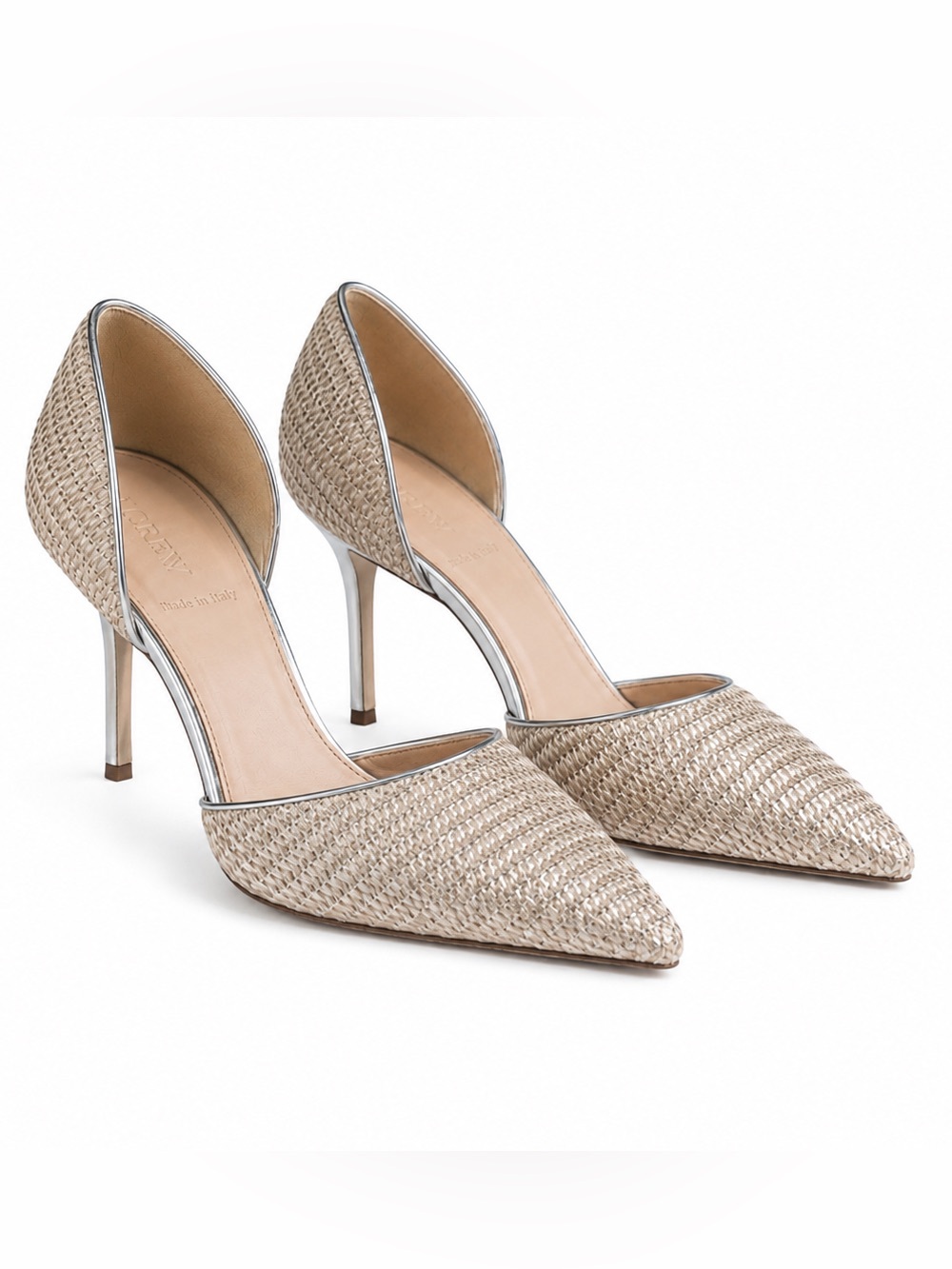 J. CREW Made in Italy Metallic Woven d'Orsay Pumps, Ecru & Silver, Size 8.5